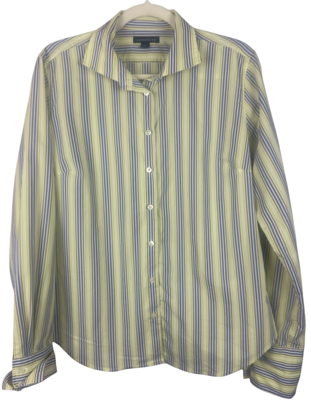 Lands' End Cotton Blend Striped Button Down Shirt - Blue, White & Tan - Size 14